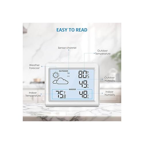  AMIR Upgraded Weather Station Wireless Indoor Outdoor Thermometer, 3.7in Display Humidity Meter Monitor Battery Powered, 10s Backlight Display Room Digital Thermometer, 330ft Range