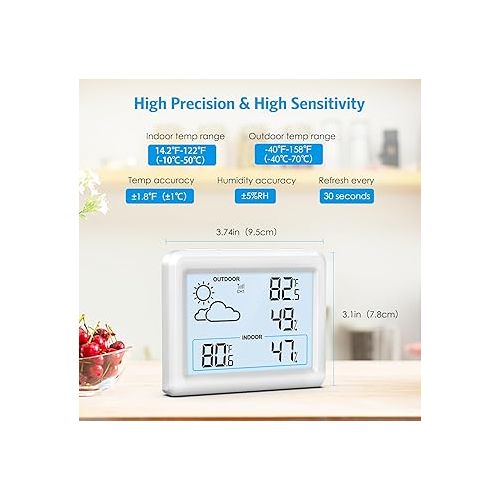  AMIR Upgraded Weather Station Wireless Indoor Outdoor Thermometer, 3.7in Display Humidity Meter Monitor Battery Powered, 10s Backlight Display Room Digital Thermometer, 330ft Range