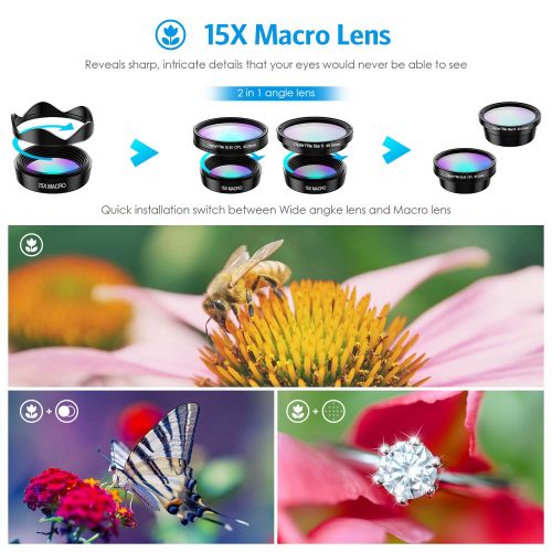  [Upgraed Version] AMIR Phone Camera Lens, 5 in 1 Cell Phone Lens Kit, 15X Macro Lens + 0.6X Wide Angle Lens, 185°Fisheye Lens + CPL + Starburst Lens for iPhone X877 Plus6s & Sa