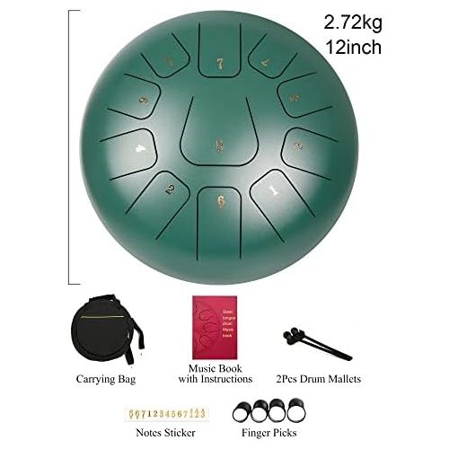  [아마존베스트]Amkoskr 12 Inch 30 cm Steel Tongue Drum 11 Notes Percussion Instrument Hand Drum Hand Pan Drum with Drum Beaters / Carry Bag (Yellow)