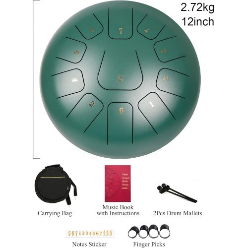  [아마존베스트]Amkoskr 12 Inch 30 cm Steel Tongue Drum 11 Notes Percussion Instrument Hand Drum Hand Pan Drum with Drum Beaters / Carry Bag (Yellow)