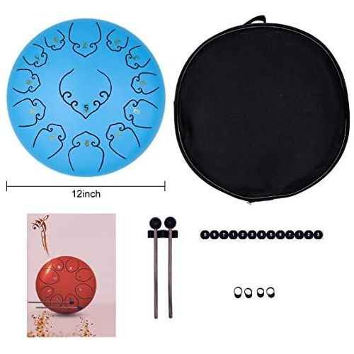  [아마존베스트]Amkoskr Steel Tongue Drum 12 Inch 13 Notes Percussion Instrument Hand Drum Handpan Drum with Drum Beaters / Carry Bag (Blue missing)