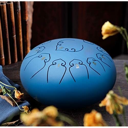  [아마존베스트]Amkoskr Steel Tongue Drum 12 Inch 13 Notes Percussion Instrument Hand Drum Handpan Drum with Drum Beaters / Carry Bag (Blue missing)