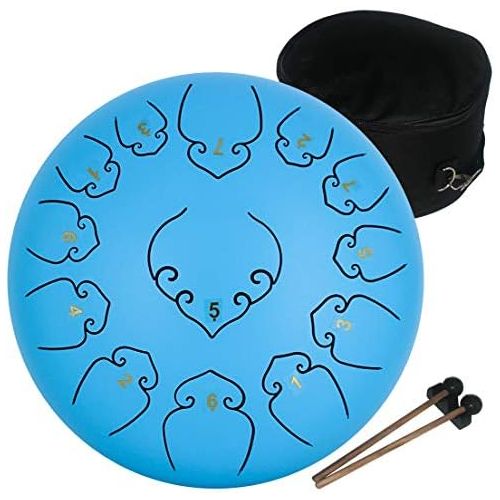  [아마존베스트]Amkoskr Steel Tongue Drum 12 Inch 13 Notes Percussion Instrument Hand Drum Handpan Drum with Drum Beaters / Carry Bag (Blue missing)