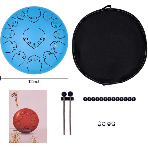  [아마존베스트]Amkoskr Steel Tongue Drum 12 Inch 13 Notes Percussion Instrument Hand Drum Handpan Drum with Drum Beaters / Carry Bag (Blue missing)