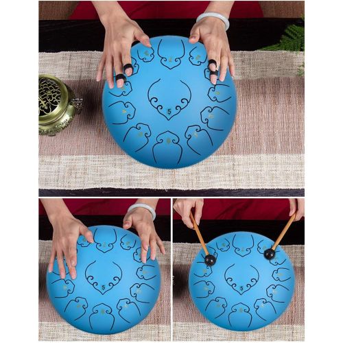  [아마존베스트]Amkoskr Steel Tongue Drum 12 Inch 13 Notes Percussion Instrument Hand Drum Handpan Drum with Drum Beaters / Carry Bag (Blue missing)