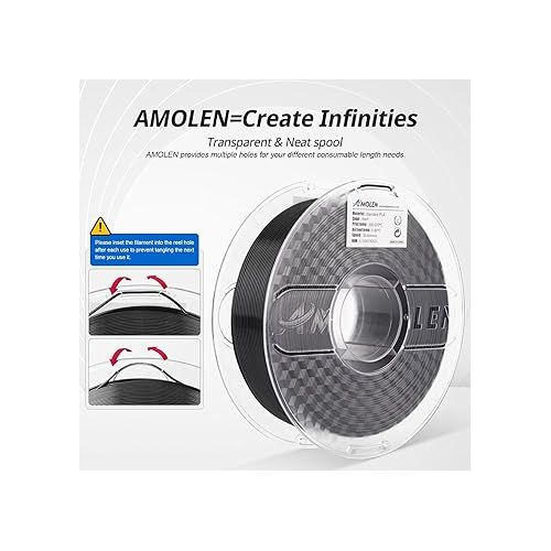  AMOLEN 3D Printer Filament PLA - 1.75mm PLA Filament Black PLA, 1KG/2.2lb, Dimensional Accuracy +/- 0.02 mm, Smooth & Tangle-Free, Fits for Most FDM 3D Printer, Supporting Up to 500mm/s