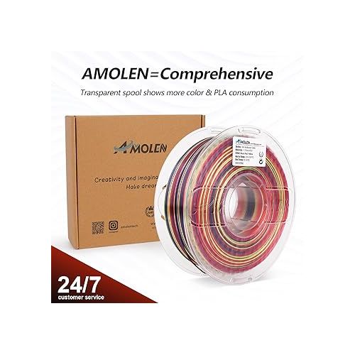  AMOLEN Silk PLA 3D Printer Filament, Shiny Multicolor Rainbow PLA Filament 1.75mm, Fast Color Change PLA 3D Printing Filament for Most FDM 3D Printer, Black Red Yellow, 1kg (2.2lbs)