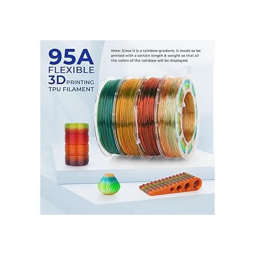  AMOLEN TPU 3D Printer Filament Bundle, Transparent Multicolor Rainbow TPU 1.75mm, Color Change Flexible Soft TPU 3D Printing Filament Supports High Speed, 200gX4 Spools