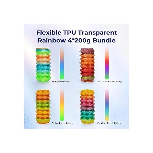  AMOLEN TPU 3D Printer Filament Bundle, Transparent Multicolor Rainbow TPU 1.75mm, Color Change Flexible Soft TPU 3D Printing Filament Supports High Speed, 200gX4 Spools