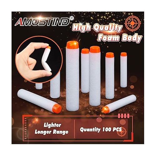  AMOSTING 100PCS Refill Darts for Nerf N Strike Elite 2.0 Series Glow in The Dark Bullets Pack - Compatible with All Elite Blasters White