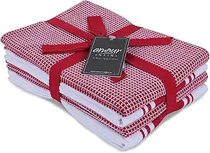 AMOUR INFINI Cotton Kitchen Towels - Set of 4 Highly Absorbent, Ultra Soft Waffle Weave Tea Towel with Hanging Loop - 20x28 Inch Quick Drying Dish Cloths for Cleaning (Red)