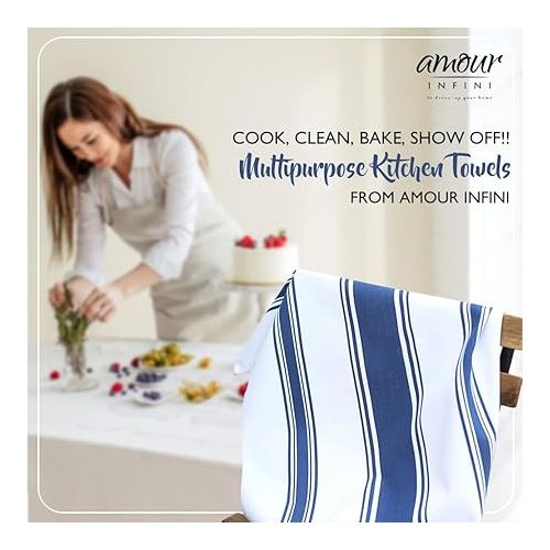  AMOUR INFINI Cotton Kitchen Towels - Set of 4 Highly Absorbent, Ultra Soft Tea Towel with Hanging Loop, 20x28 Inch Quick Drying Dish Cloths for Cleaning Dishes (Blue)