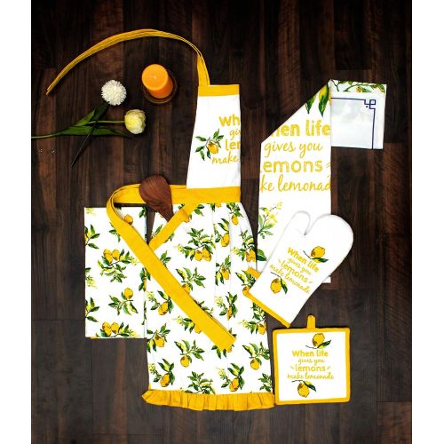  [아마존베스트]Amour Infini Citrus Splash 5 Pack Kitchen Set | 100% Cotton Machine Washable | Set Of Apron, Oven Mitt, Pot Holder and 2 Kitchen Towels | Perfect for Gifting, Baking and Everyday C