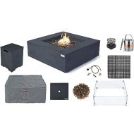 AMS Fireplace Elementi Black Roraima Liquid Propane Gas Fire Pit Table for Outside Patio Bundle with Tank Cover, Wind Guard and SS Burner Lid | Free Rubber Mat, Ice Bucket and Counter-top Lantern