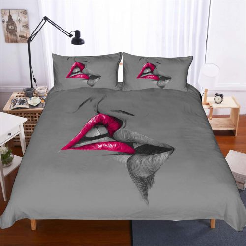  AMTAN Lovers Bedding Set,3D Print Pink and Gray Lips Kissing Gray Duvet Cover Set 100% Polyester Comfortable Bedding for Women Girls Lovers and Teens 3 Piece 1 Duvet Cover 2 Pillow