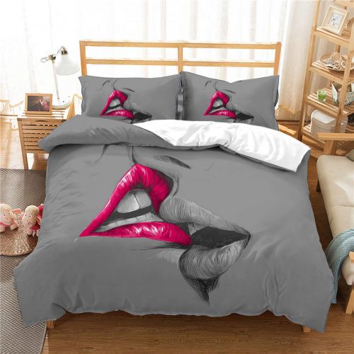  AMTAN Lovers Bedding Set,3D Print Pink and Gray Lips Kissing Gray Duvet Cover Set 100% Polyester Comfortable Bedding for Women Girls Lovers and Teens 3 Piece 1 Duvet Cover 2 Pillow