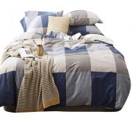 AMWAN Cotton Grid Plaid Duvet Cover Set Queen Modern Nordic Style Full Bedding Set Hotel Quality Checkered Comforter Cover Set Luxury Reversible Bedding Collection for Men Boys Tee