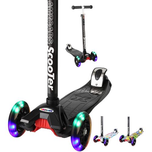  AMZCARS Kick Scooter for Kids, 3 Wheels Toddlers Scooter for 3 4 5 6 Years Old Boys Girls Learn to Steer, Kids Scooter 4 Adjustable Height, Extra-Wide Deck, Flashing Wheel Lights for Child