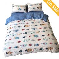 AMZTOP 【Newest Arrival】 Duvet Cover for Kids Twin Cotton Boys Duvet Cover Blue Cute Cartoon Comforter Cover Fish Animals Bedding Set for Adults Teens Toddlers with Zipper Ties,NO Comforte