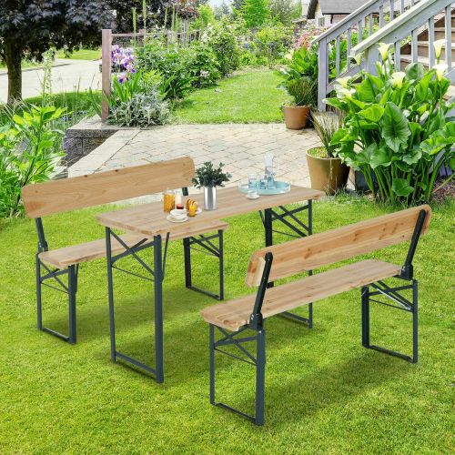  ANA Store Space Saving Compact Bend Chaise 4 Stand Black Iron Frame Wood Tuck Eats Supper Picnic Console Set with 2 Backrest Chairs Extra Table Seating Inside-Outside Utility