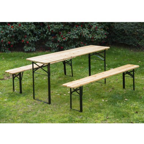  ANA Store Classic Traditional Curl Seating Stand 6ft Iron Frame Wooden Folding Picnic Table Set with 2 Benches Easy Set-up Take-Down