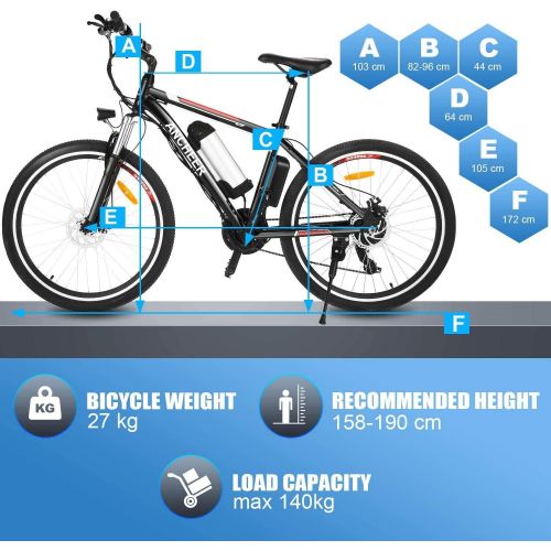  ANCHEER 26 Electric Bike/Electric Mountain Bike/Commuting E-Bike for Adults 500W/250W Rear Hub Motor 36V 12.5Ah/8Ah Battery Front Suspension Dual-Disc Brake 21-Speed Gear