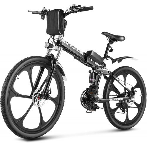  ANCHEER Electric Bike, Folding Electric Bike 26 Electric Mountain Bike with Magnesium Alloy Integrated Wheel, Electric Bike for Adult Features Premium Front and Rear Suspension and