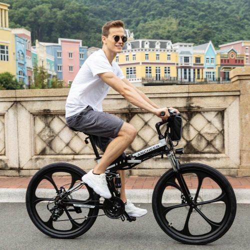  ANCHEER Electric Bike, Folding Electric Bike 26 Electric Mountain Bike with Magnesium Alloy Integrated Wheel, Electric Bike for Adult Features Premium Front and Rear Suspension and