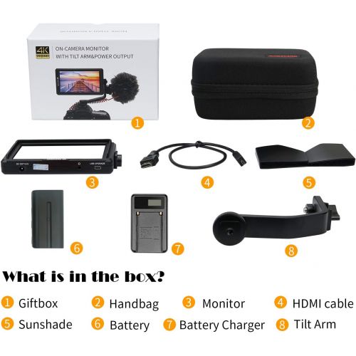  Andycine A6 Lite Camera Monitor, Storage Case +F550 Battery+Charger,+Tilt Arm, 5 IPS Full HD IPS 1920x1080 DSLR Video Peaking Focus Assist with 4K Input Output HDMI DC 8.4V