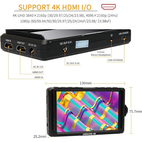  Andycine A6 Lite Camera Monitor, Storage Case +F550 Battery+Charger,+Tilt Arm, 5 IPS Full HD IPS 1920x1080 DSLR Video Peaking Focus Assist with 4K Input Output HDMI DC 8.4V