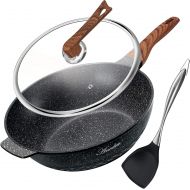 ANEDER Wok Pan Nonstick 12.5 Inch Skillet, Frying Pan with Lid & Spatula Wok Pans for Cooking Electric, Induction & Gas Stoves, Oven Safe