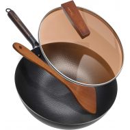 [아마존베스트]Carbon Steel Wok Pan with Lid & Wood Spatula, Aneder 12.5 Cast Iron Stir Fry Pan with Flat Bottom and Wooden Handle for Electric, Induction and Gas Stoves