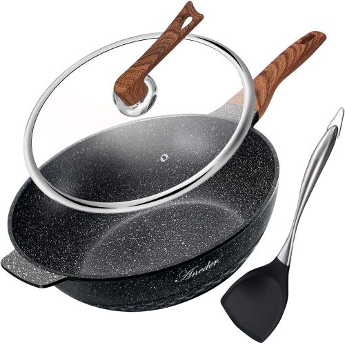  Wok Pan Nonstick 12.5 Inch Skillet, Aneder Frying Pan with Lid & Spatula Wok Pans for Cooking Electric, Induction & Gas Stoves, Oven Safe