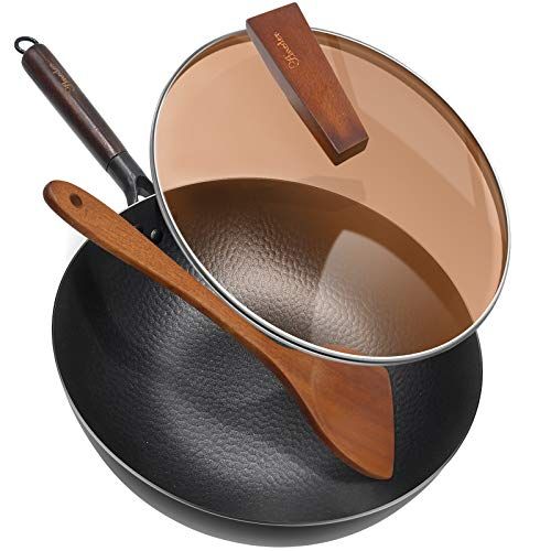  Carbon Steel Wok Pan with Lid & Wood Spatula, Aneder 12.5 Cast Iron Stir Fry Pan with Flat Bottom and Wooden Handle for Electric, Induction and Gas Stoves