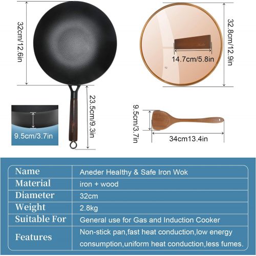  Carbon Steel Wok Pan with Lid & Wood Spatula, Aneder 12.5 Cast Iron Stir Fry Pan with Flat Bottom and Wooden Handle for Electric, Induction and Gas Stoves