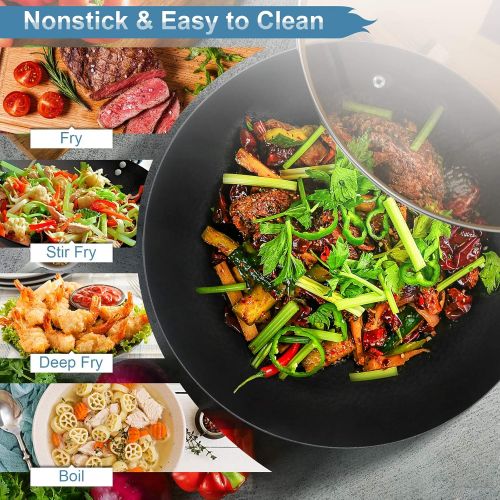  Carbon Steel Wok Pan with Lid & Wood Spatula, Aneder 12.5 Cast Iron Stir Fry Pan with Flat Bottom and Wooden Handle for Electric, Induction and Gas Stoves