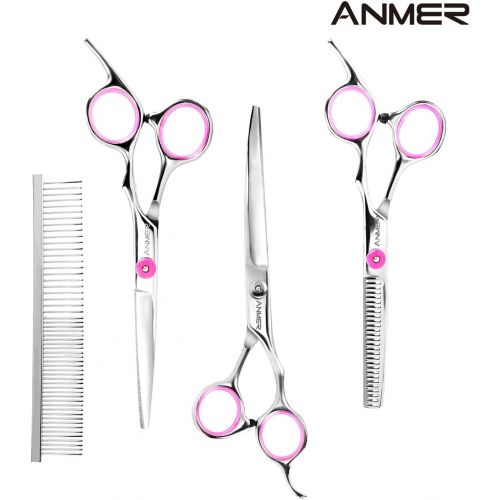  ANMER Pet Grooming Scissors Kits(4 pairs- For Body, Face, Ear, Nose, Paw) for Small, Medium & Large Dogs and Cats - Sharp and Strong Stainless Steel Blade without Harmful to Dogs a