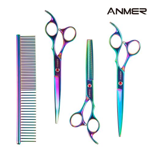  ANMER WAZ-70440C Pet Grooming Scissors Set Kits(4 pairs- For Body, Face, Ear, Nose, Paw) for Small, Medium & Large Dogs and Cats - Sharp and Strong Stainless Steel Blade