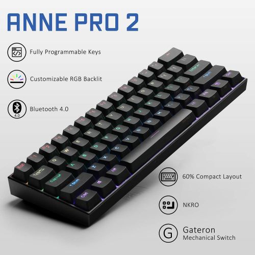  [아마존베스트]ANNE PRO 2, 60% Wired/Wireless Mechanical Keyboard (Gateron Brown Switch/Black Case) - Full Keys Programmable - True RGB Backlit - Tap Arrow Keys - Double Shot PBT Keycaps - NKRO -