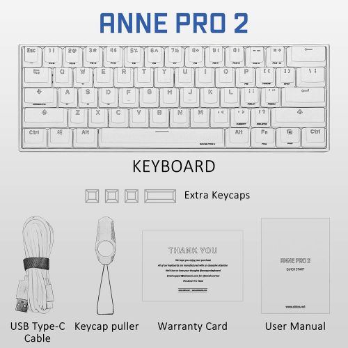  [아마존베스트]ANNE PRO 2, 60% Wired/Wireless Mechanical Keyboard (Gateron Brown Switch/White Case) - Full Keys Programmable - True RGB Backlit - Tap Arrow Keys - Double Shot PBT Keycaps - NKRO -