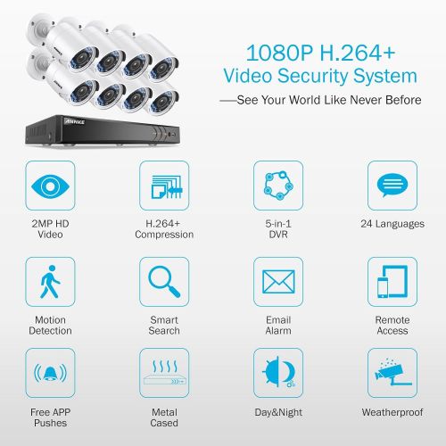  ANNKE CCTV Camera Systems 8CH 2MP 5-in-1 Security DVR and (8) 2.0 Megapixel 1080P CCTV Cameras with Weather Proof,Email Alert with Snapshots, NO HDD