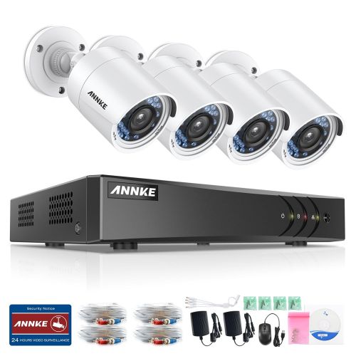  ANNKE 8CH Security Camera System 1080P Lite H.264+ DVR Recorder and (4) 1280TVL 720P IndoorOutdoor Weatherproof Bullet Cameras, Remote Access and Email Alarm with Images- NO HDD