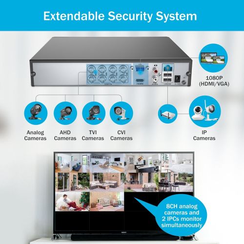  ANNKE 8CH Security Camera System 1080P Lite H.264+ DVR Recorder and (4) 1280TVL 720P IndoorOutdoor Weatherproof Bullet Cameras, Remote Access and Email Alarm with Images- NO HDD