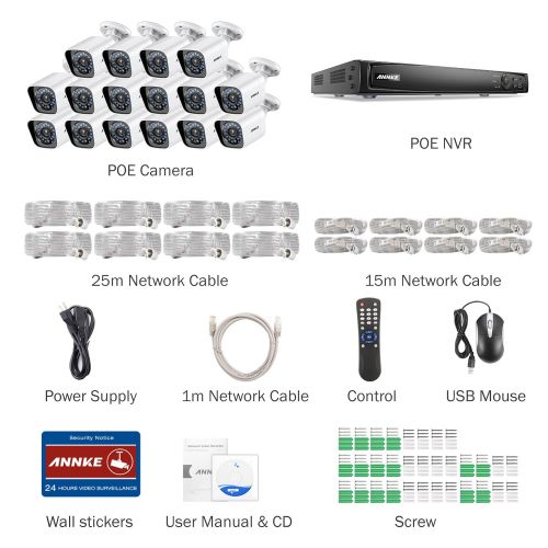  ANNKE 16CH True POE Security Camera System 6MP Full HD NVR Recorder and (16) 1080P 1920TVL Weatherproof IP Cameras with 100ft Super Nigh Vision, Metal Housing