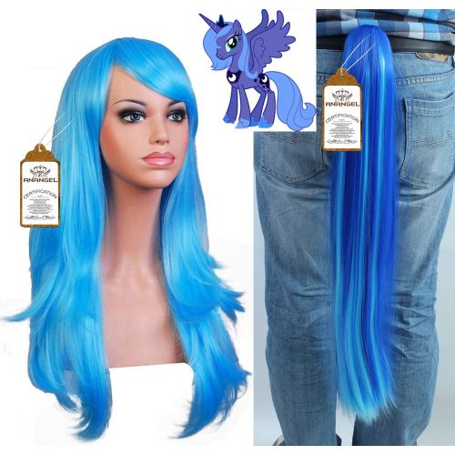  ANOGOL Anogol Hair Cap +Long Blue Wave Cosplay Wig with 1 Ponytail for Halloween Bar Party