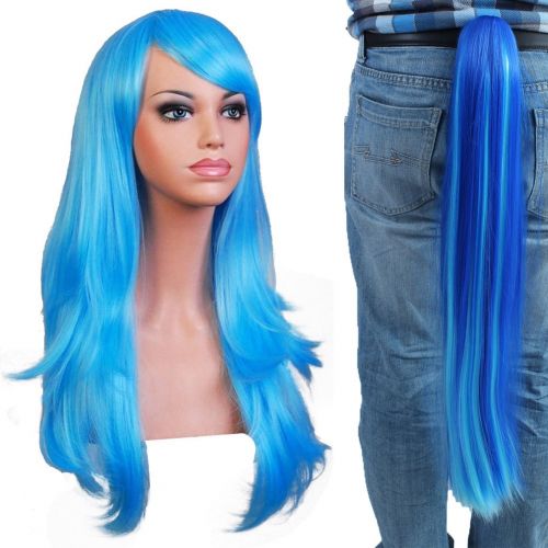  ANOGOL Anogol Hair Cap +Long Blue Wave Cosplay Wig with 1 Ponytail for Halloween Bar Party