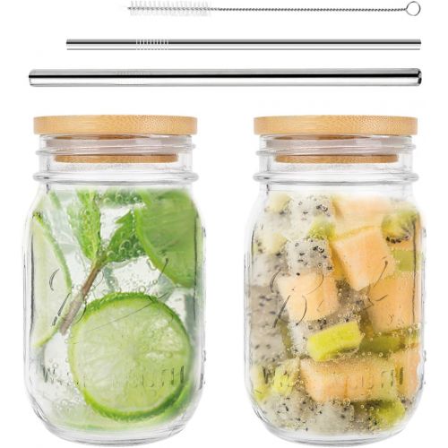  [아마존베스트]CDILOGO Mason Jar, Regular Mouth Mason Jars 16 Oz, Mason Jar Cups with Lids and Straws, Set of 2 Mason Jar Drinking Glasses