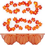 ANOTION Thanksgiving Lights String Fall Decorations for Home, Fireplace Scarf 20 X 60 Inch Maple Leaves Mantle Scarf with 2 Maple Leaf String Light Garland 20 Led 9.8 Ft for Harvest Party