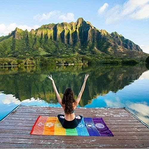  [아마존베스트]HAPPYX Yoga Mat Towel 7 Chakra Rainbow Colours Multifunctional Cotton Bohemia Mandala YogaD